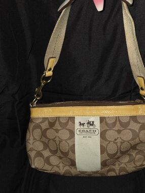 Coach Brown Signature Canvas Shoulder Bag with Yellow Trim
